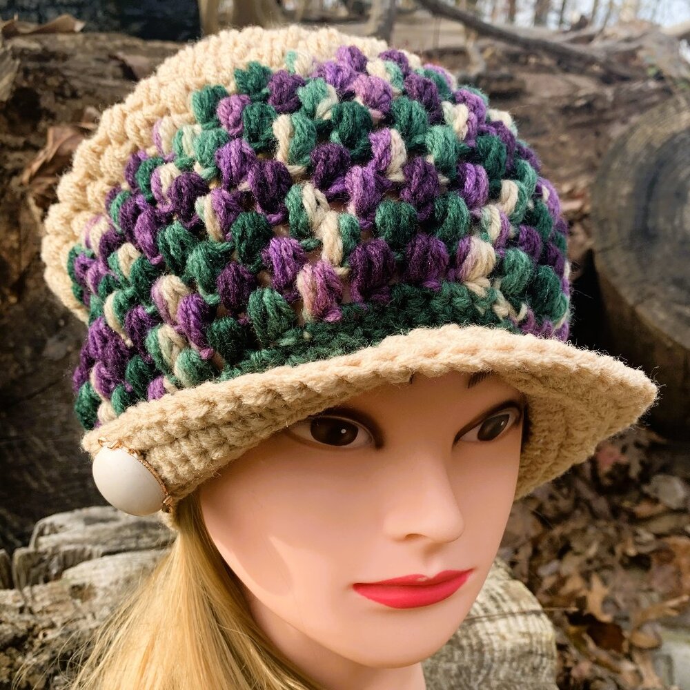Crochet Handmade Tan/Purple/Green Slouchy Brimmed Hat Women's/Teens